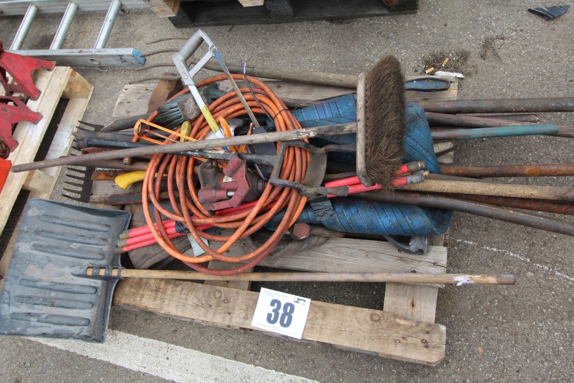 CONTENTS ON PALLET OF POLE BARS, SNOW SHOVEL, DRAINING RODS, RAKE, ETC.