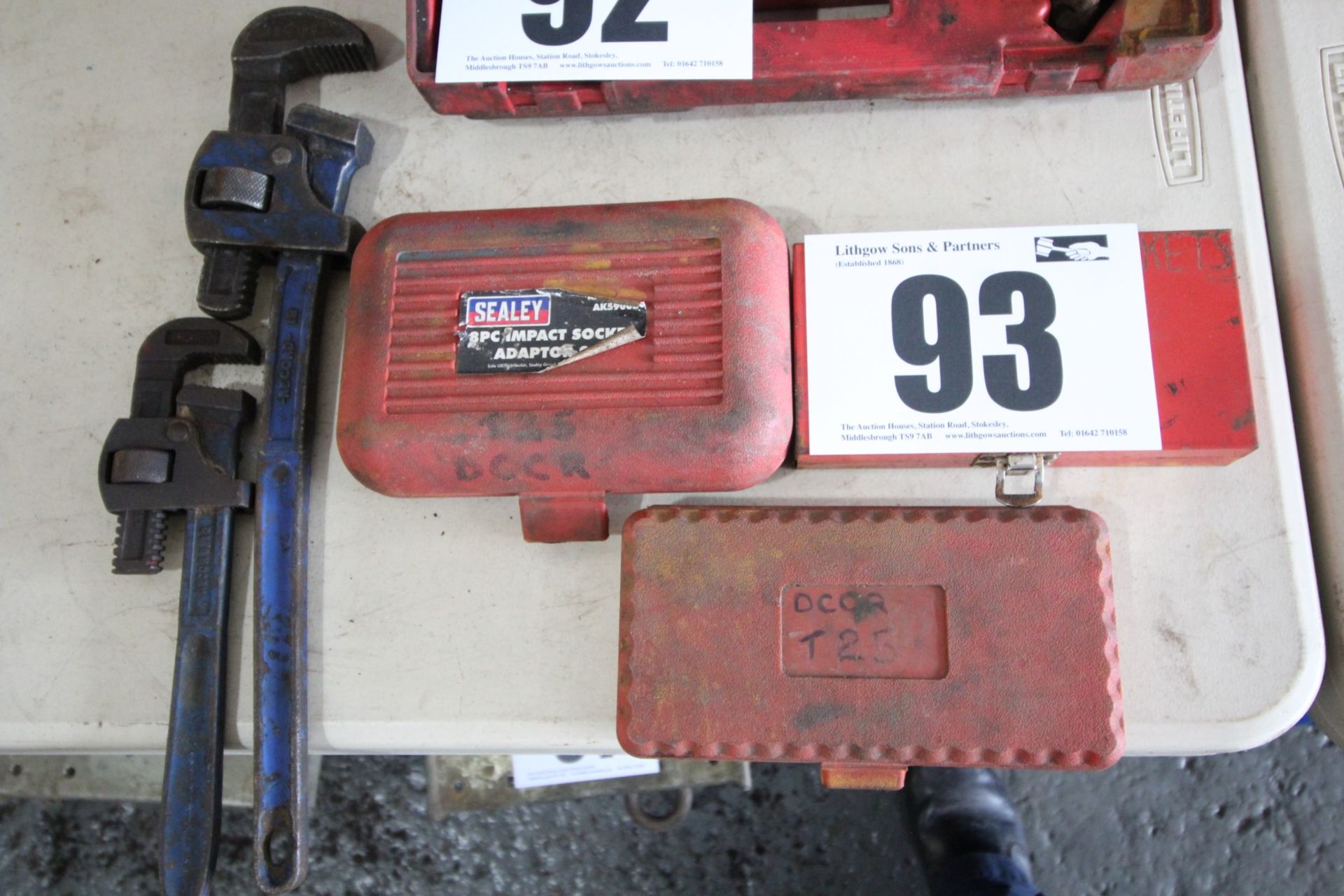 BOX OF SOCKET ADPATERS & SMALL BOX OF HEXAGONAL BITS, BOX OF TORQUE BITS & 2 STILLSON WRENCHES