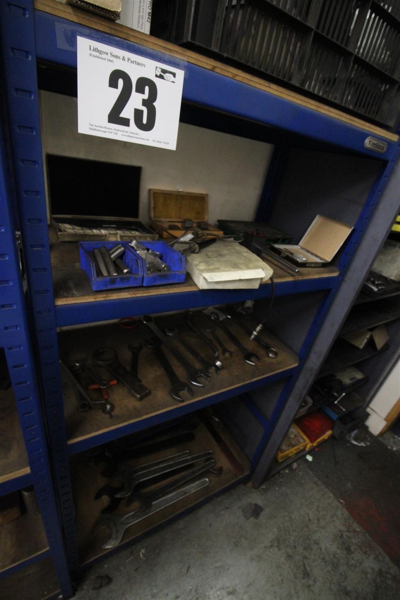 Blue, 6' Tall, 4-Shelf Rack, and Contents including Micrometers, Magnetic Stands, Feeler Gauges,