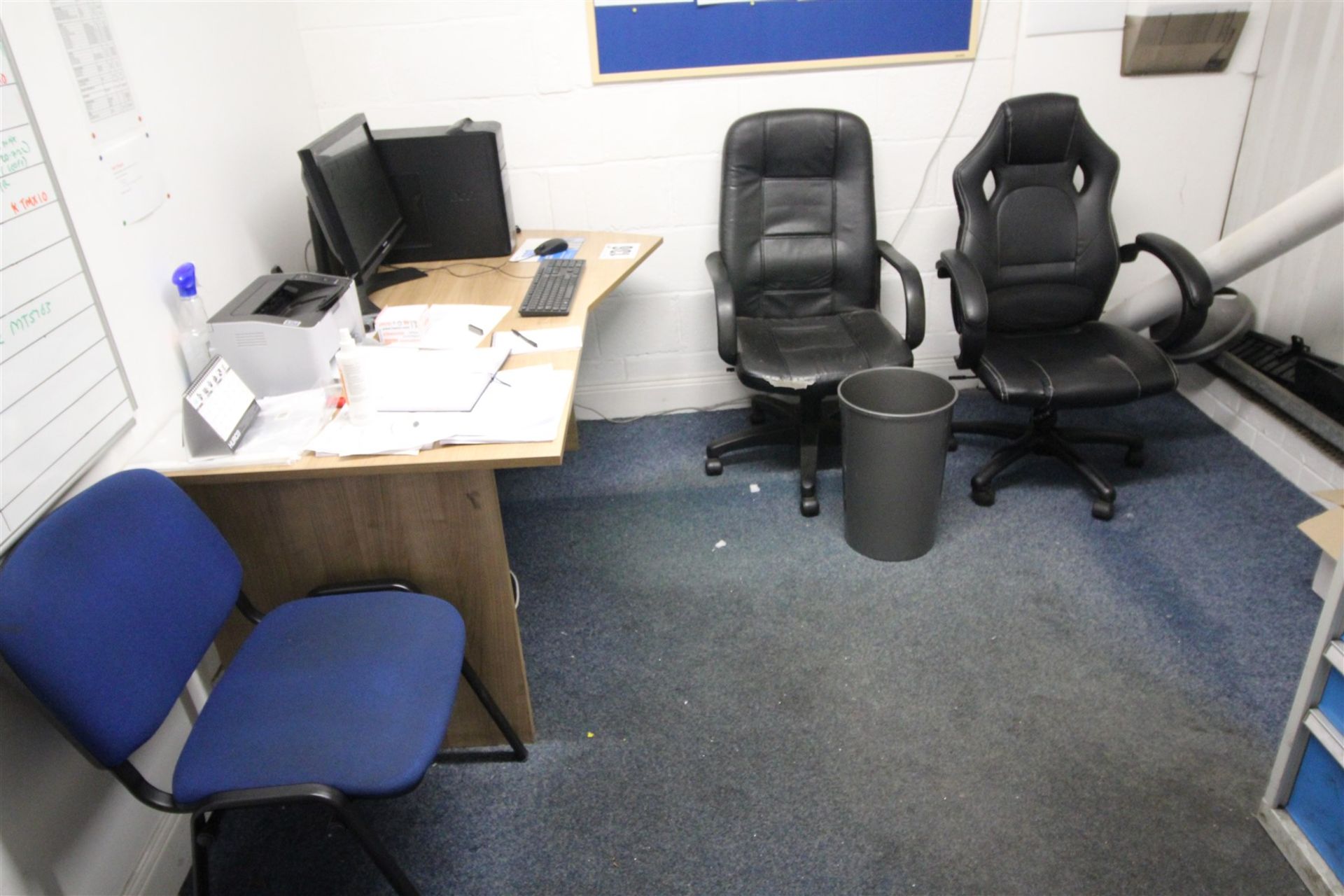 2x Black Swivel Armchairs, Blue Metal Framed Chair, 5' Shaped Desk, 2x Wall Boards, and Grey Waste