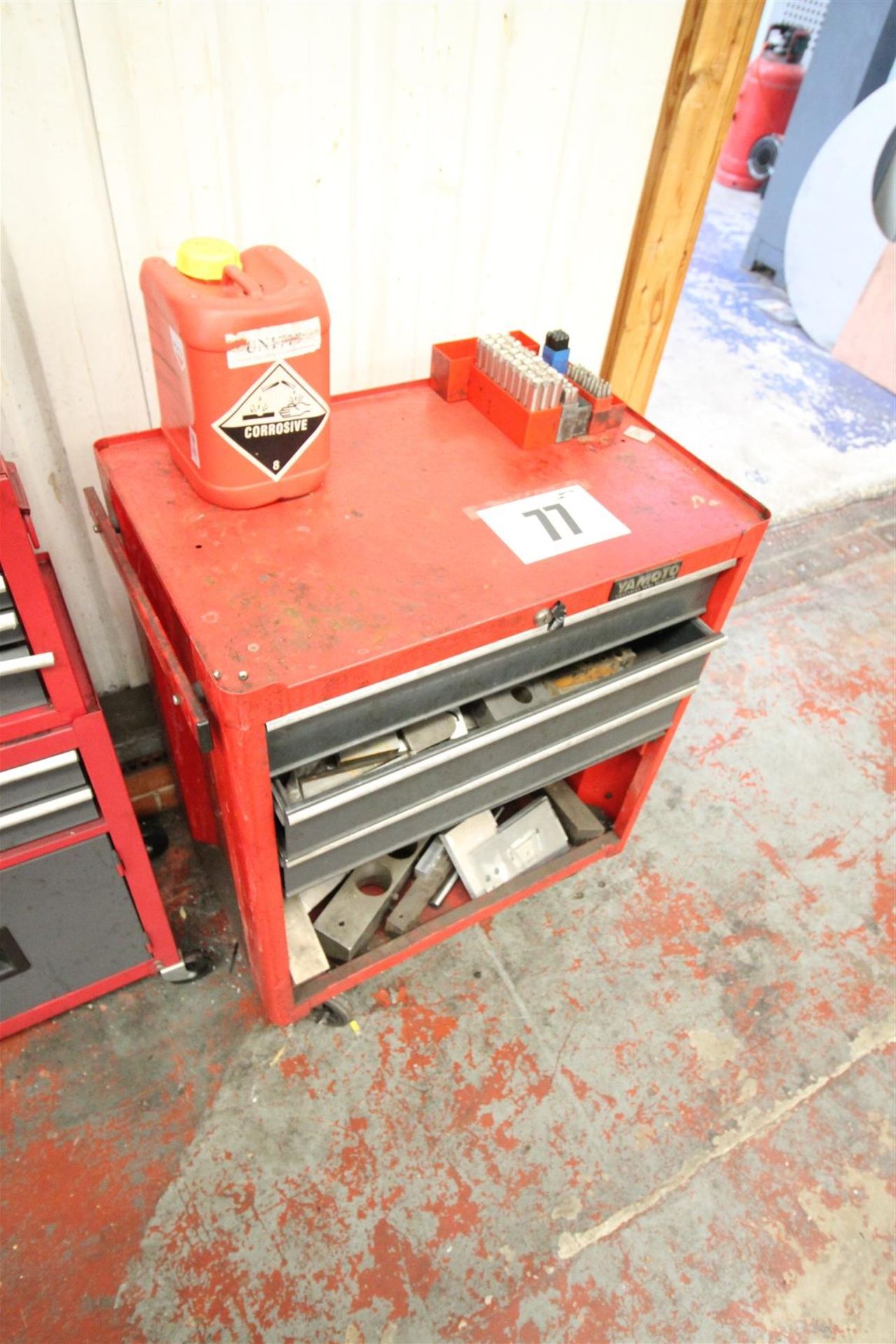 Yamoto, Red, 3-Drawer Tool Trolley, and Contents of Tooling Bits, and Letter and Number Punches.