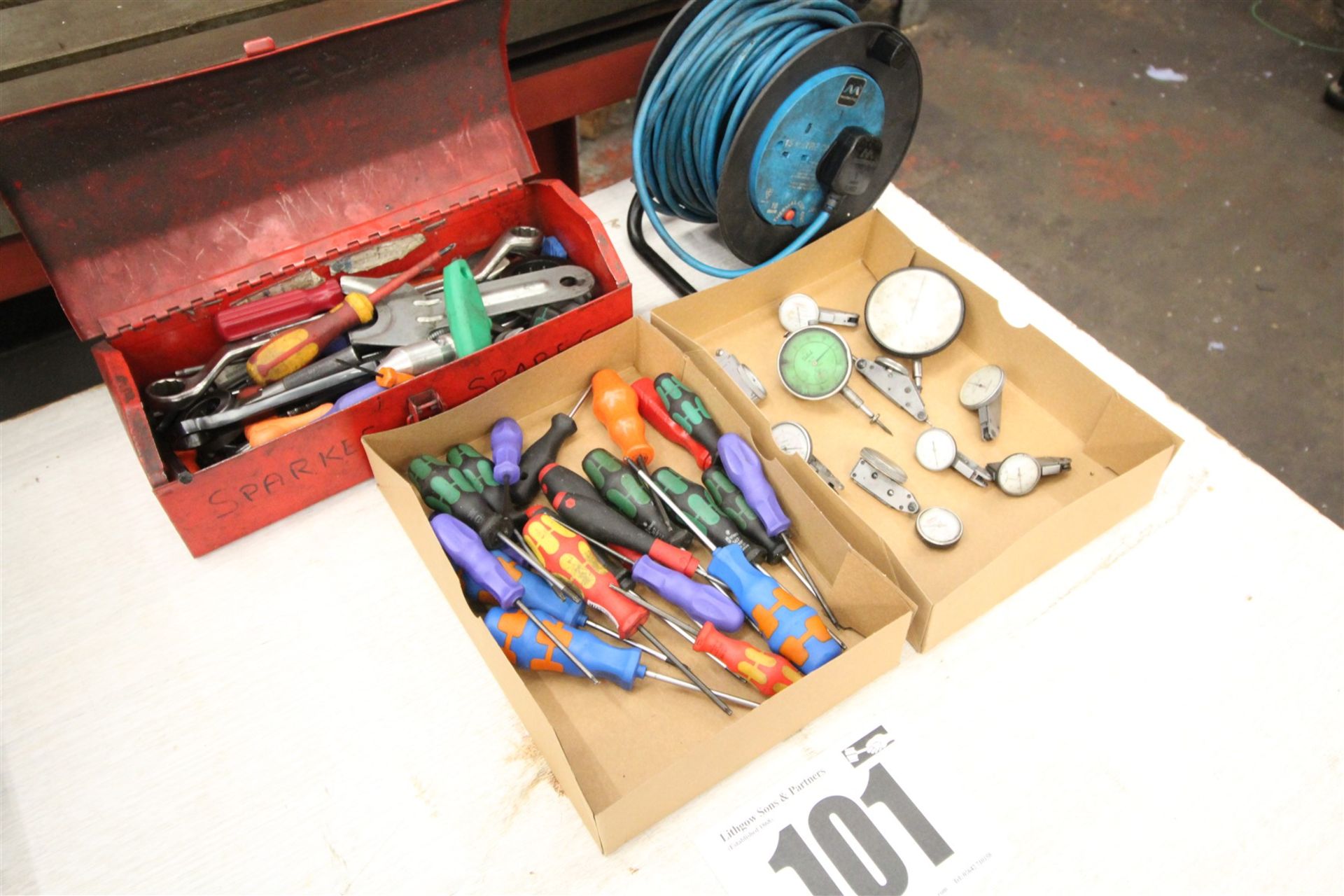 Red Box and Contents of Hand Tools, Box of Torx Drivers, Dial Gauges, and Extension Leads