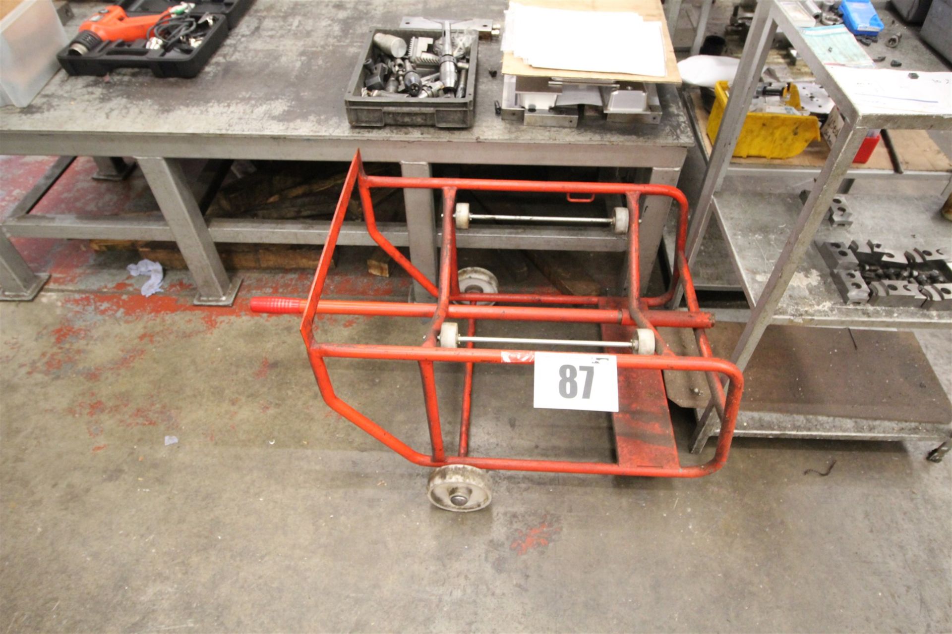 Red, Metal, 45 Gallon Drum Trolley / Stand.