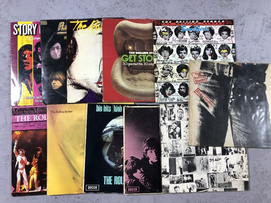 The Rolling Stones: 11 LPs including: "Sticky Fingers" (UK orig with zip), "Some Girls", "Big Hits