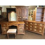 Contemporary three piece bedroom suite with inlaid design, comprising six drawer chest, approx 142cm