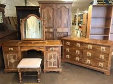 Contemporary three piece bedroom suite with inlaid design, comprising six drawer chest, approx 142cm