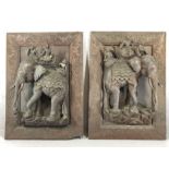 Pair of hardwood framed carvings depicting, in relief, figures riding elephants, possibly Thai, each