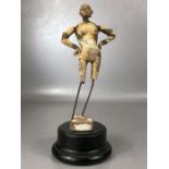 Antique terracotta female figurine / sculpture modelled on wire work with hands on hips, on wooden