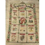 20th century sampler, the 'Coronation Calendar 1937', approx 48cm x 62cm (max), unframed