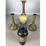 Collection of Royal Doulton stoneware to include a pair of vases with ovoid gilt bodies incised with