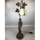 Art Nouveau style table lamp with a figure of a woman and foliate design, approx 64cm in height