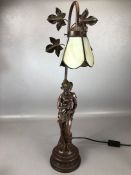 Art Nouveau style table lamp with a figure of a woman and foliate design, approx 64cm in height