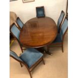 Mid Century G-Plan oval extending dining table and six chairs with teal upholstery, approx 163cm