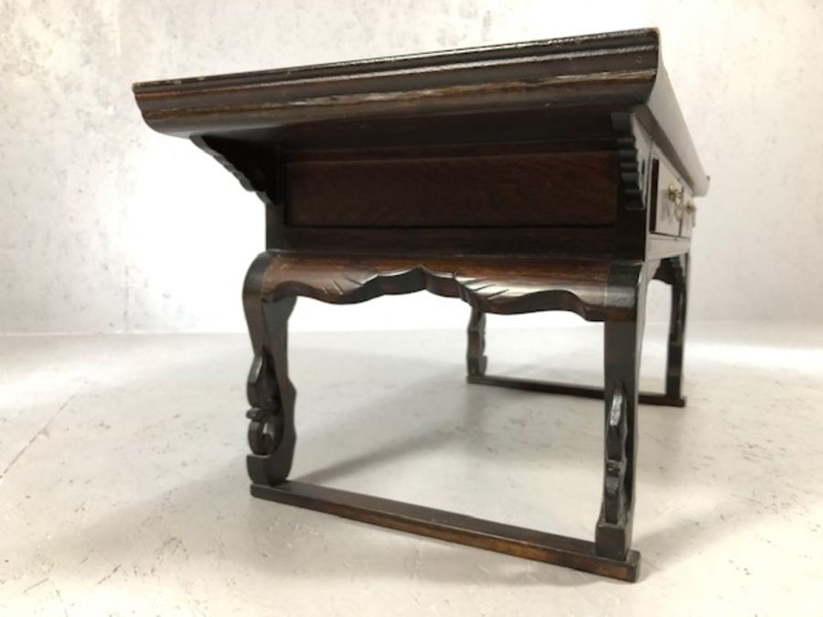 Chinese alter style cherrywood carved low table with two drawers, approx 93cm x 40cm x 38cm tall - Image 5 of 5