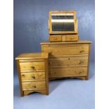 Modern pine chest of three drawers with brass handles and matching mirror with two drawers, chest