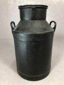 Vintage milk churn with lid and two handles, painted black, approx 58cm tall