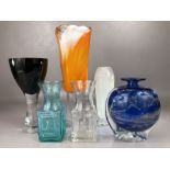 Collection of art glass to include two Dartington Greek Key design vases (blue and clear), a