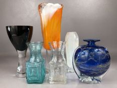 Collection of art glass to include two Dartington Greek Key design vases (blue and clear), a