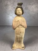 Chinese terracotta figure of a lady in traditional dress (A/F), approx 22cm in height