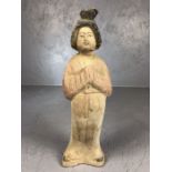 Chinese terracotta figure of a lady in traditional dress (A/F), approx 22cm in height