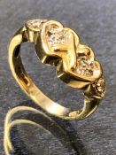 9ct Gold Heart shaped crossover ring with diamond chips, approx size J / J.5