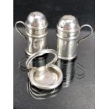 Pair of Hallmarked Silver salt and pepper shakers in the form of beer Mugs and a silver 925 place