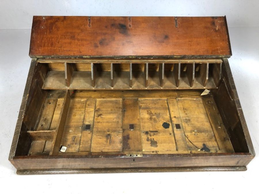 Large oak double hinged writing desk / slope opening to reveal pigeon holes, possibly a brokers / - Image 3 of 5