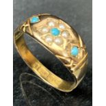 15ct Gold ring fully hallmarked set with daisy pattern of Turquoise and seed pearls and flanked with