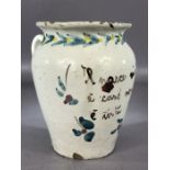 Antique French faience pharmacist's pot, approx 15cm in height, with single handle (A/F)