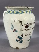 Antique French faience pharmacist's pot, approx 15cm in height, with single handle (A/F)