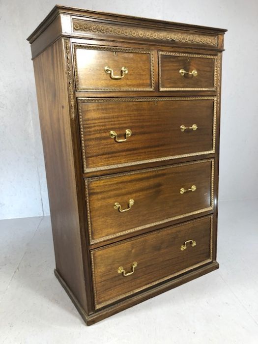 Tall chest of three large and two small drawers with carved detailing and brass handles. approx 87cm - Image 4 of 5