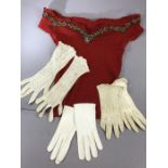 Vintage clothing: Three pairs of white/cream ladies gloves, two in leather, one in crochet, along