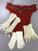 Vintage clothing: Three pairs of white/cream ladies gloves, two in leather, one in crochet, along