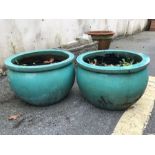 Pair of ceramic green garden planters, approx 40cm in diameter