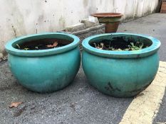 Pair of ceramic green garden planters, approx 40cm in diameter