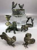 Good collection of small decorative metalware to include fighting cocks and bore, the tallest