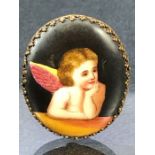 Victorian Gold Backed Brooch with hand painted Cherub approx 36mm x 30mm (missing pin to reverse)