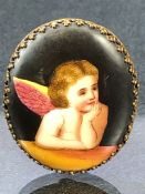 Victorian Gold Backed Brooch with hand painted Cherub approx 36mm x 30mm (missing pin to reverse)