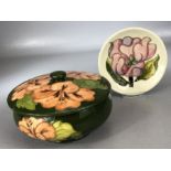 MOORCROFT lidded powder bowl in Hibiscus pattern on green ground, Queen Mary paper labels to base