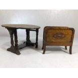 Carved wood magazine rack and a small gate leg occasional table