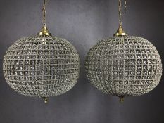 Pair of large ball shaped chandeliers with beaded design, drop approx 50cm