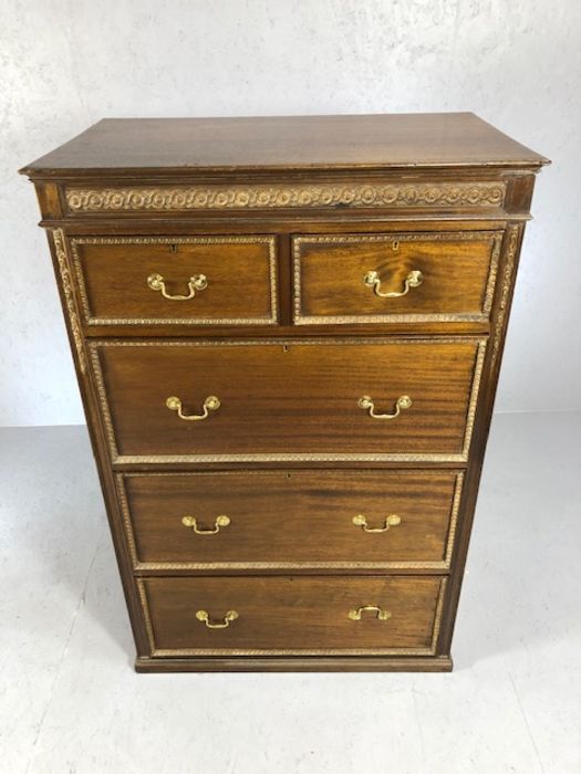 Tall chest of three large and two small drawers with carved detailing and brass handles. approx 87cm - Image 2 of 5
