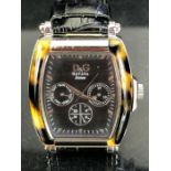 Dolce & Gabbana wristwatch "HAVANA brown" black face and three subsidiary dials on black leather