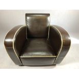 Italian dark brown leather Art Deco style club chair with white piping