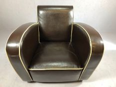 Italian dark brown leather Art Deco style club chair with white piping