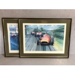 Two large racing prints by Nicholas Watts including "Fangio - The Maestro" (frames approx 87 x