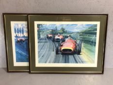 Two large racing prints by Nicholas Watts including "Fangio - The Maestro" (frames approx 87 x