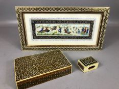 Collection of three Indian mosaic decorated items to include miniature framed hunting scene,