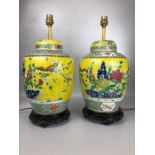 Pair of Chinese porcelain ginger jars decorated with Butterflies, flora and fauna on a yellow