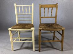 Two vintage rush-seated chairs, one in white paint finish